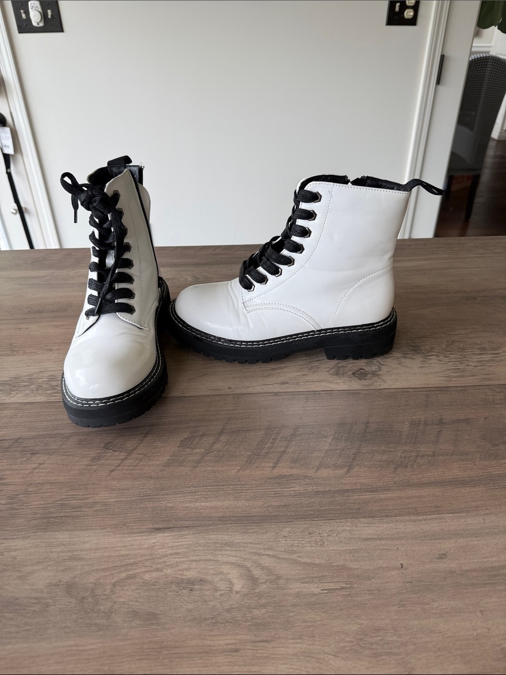 Cushionaire Women's White Lace-Up Combat Boots with Black Soles